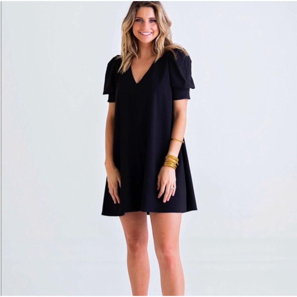Zara Women Black Short Puff Sleeves Short Mini Dress Flowy V Neck XS